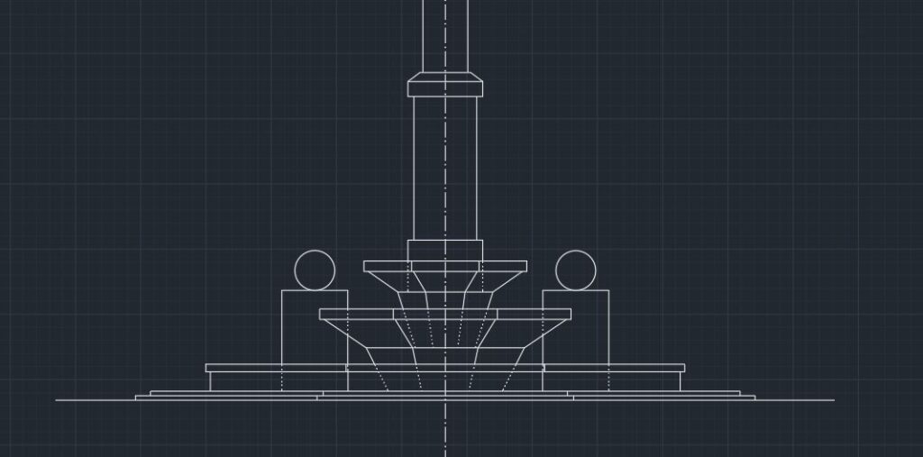 Disegno tecnico CAD di una fontana stilizzata con dettagli geometrici su sfondo nero a griglia.